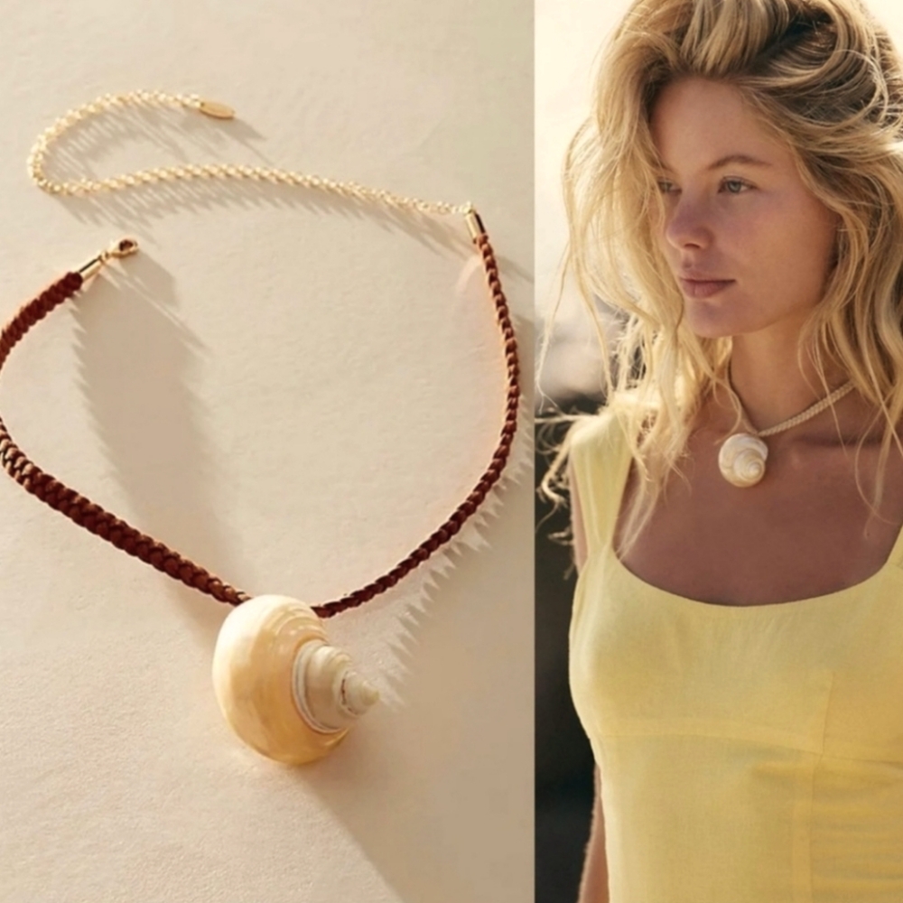 Free People Sara Shell Choker in Gold Neutral Pendant Brown Braided Necklace NWT